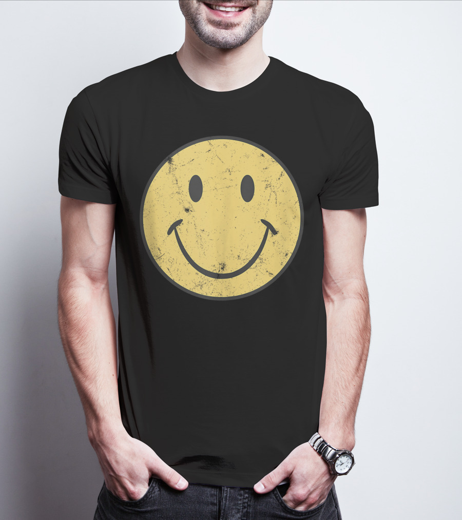 Retro 70s Smiley Face Distressed Yellow T-Shirt
