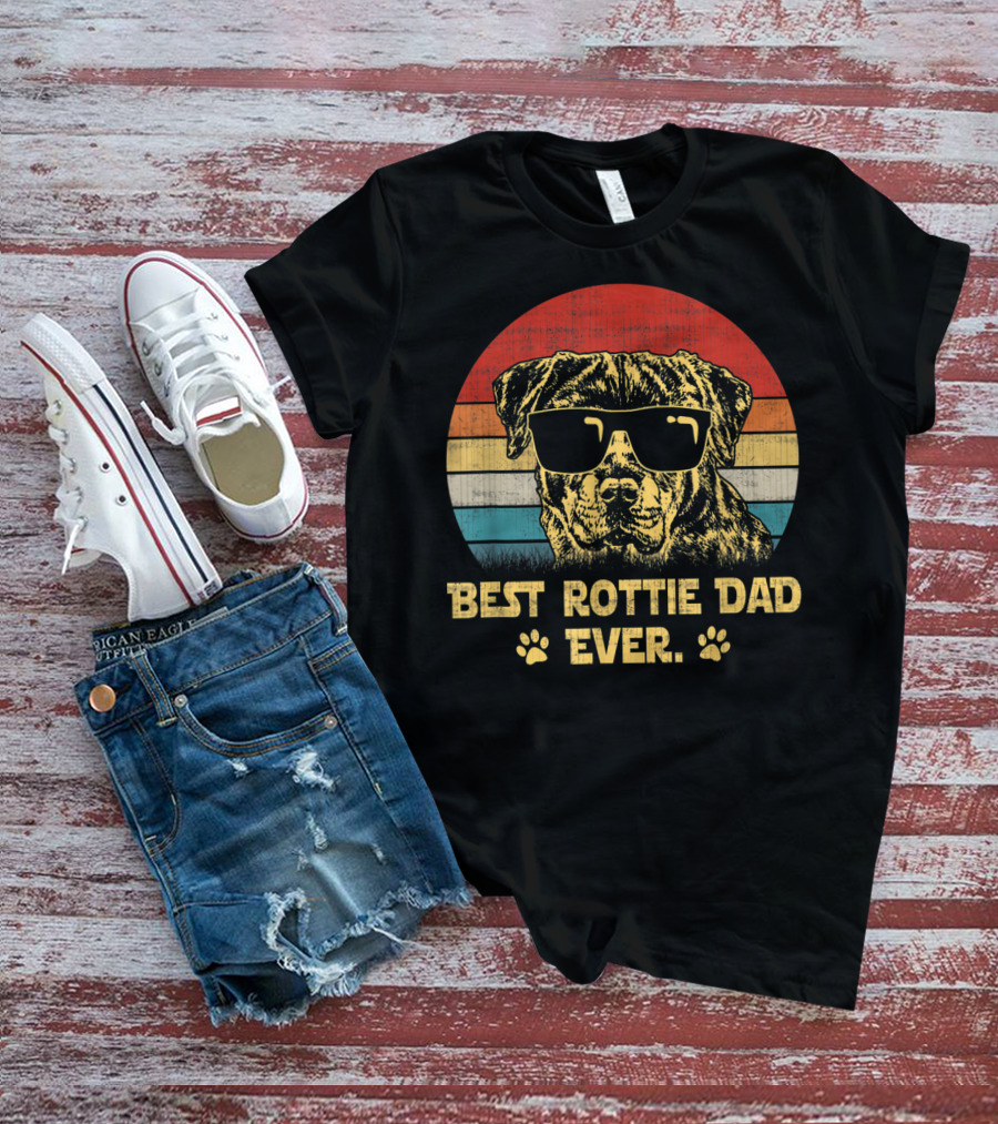 Retro Vintage Best Rottie Dad Ever Sunglasses Dog With Paw Prints T-Shirt