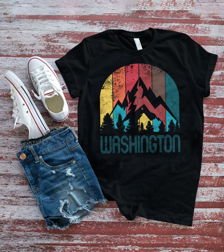 Washington Retro Mountain Landscape Forest Silhouette Vintage Multicolor Stripes T-Shirt
