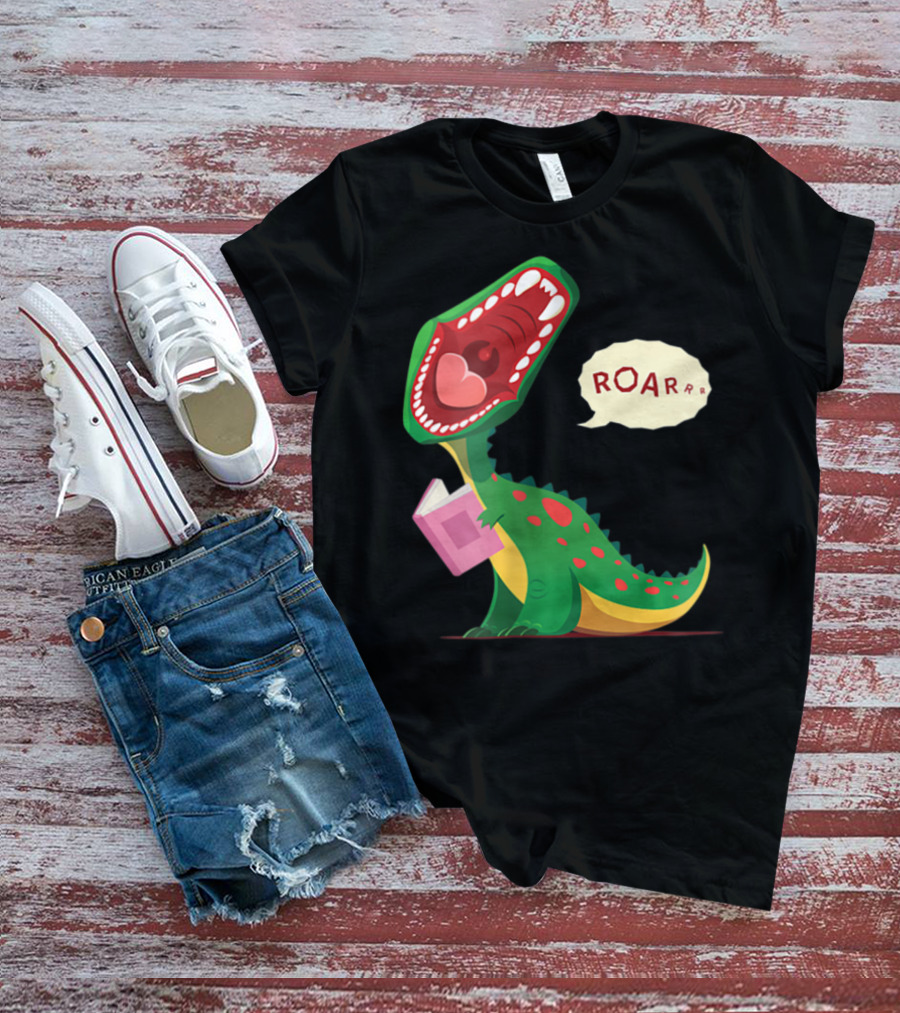 Roar Trex Dinosaur Holding Pink Book And Heart Inside Mouth T-Shirt