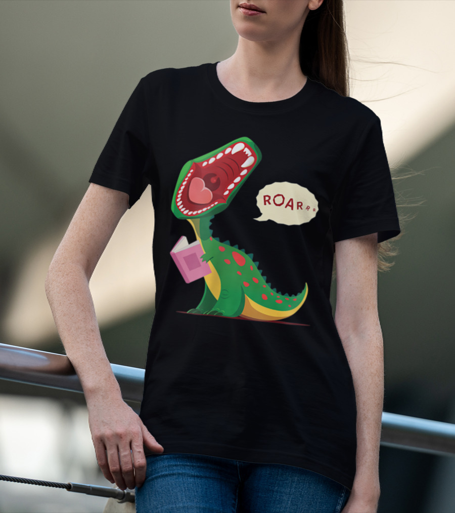 Roar Trex Dinosaur Holding Pink Book And Heart Inside Mouth T-Shirt