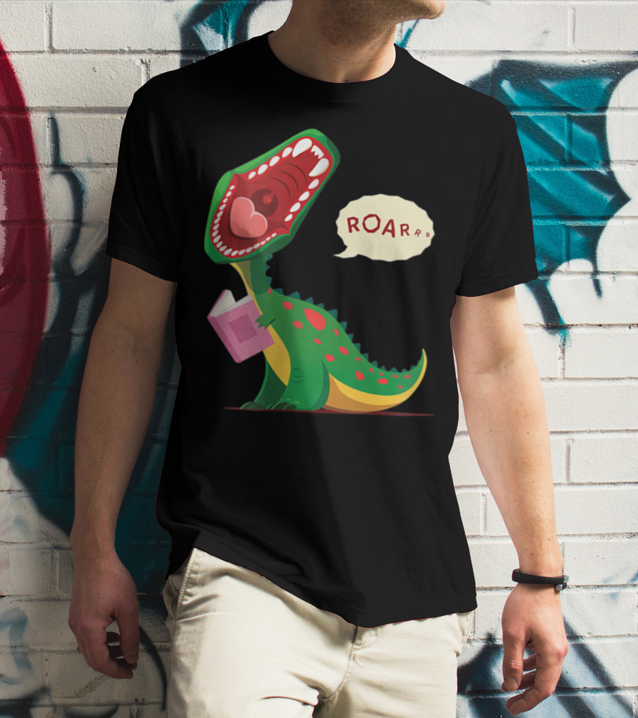 Roar Trex Dinosaur Holding Pink Book And Heart Inside Mouth T-Shirt