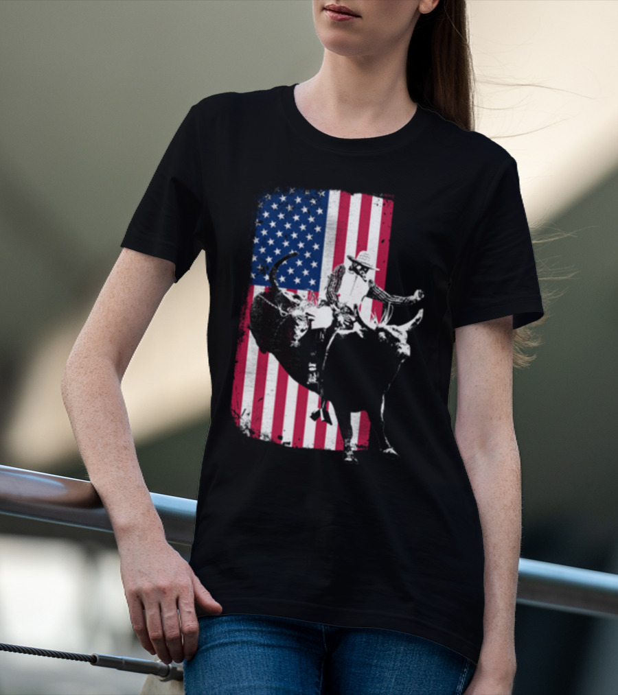 Rodeo Bull Rider American Flag Cowboy Patriot T-Shirt