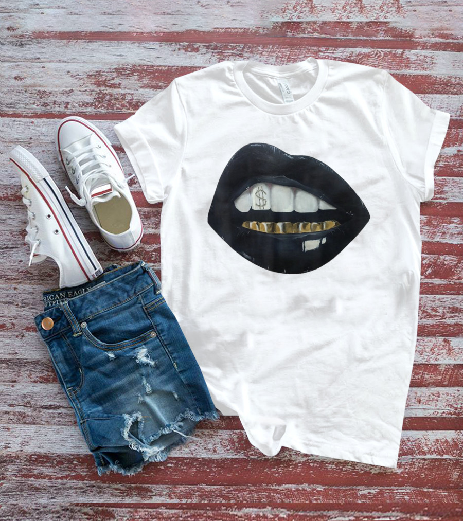 Red Black Lips Gold Teeth Dollar Smile T-Shirt