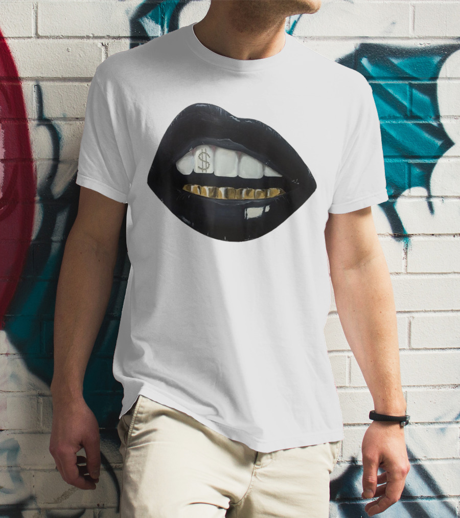 Red Black Lips Gold Teeth Dollar Smile T-Shirt