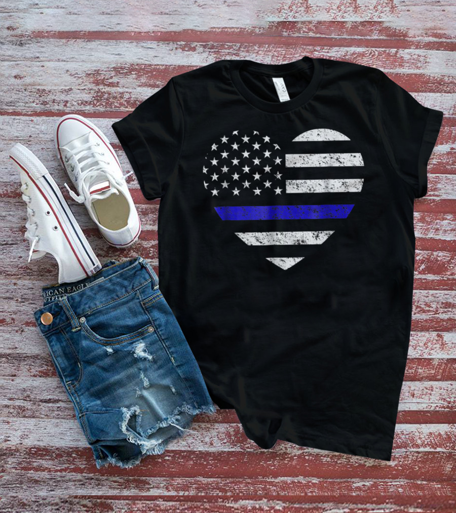 Thin Blue Line American Flag Heart Police Support T-Shirt