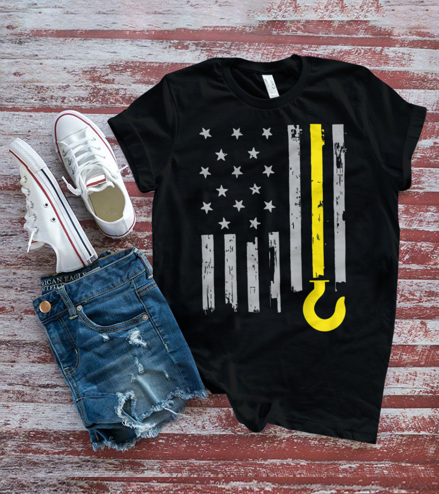 Tow Truck Driver American Flag Yellow Line Hook T-Shirt