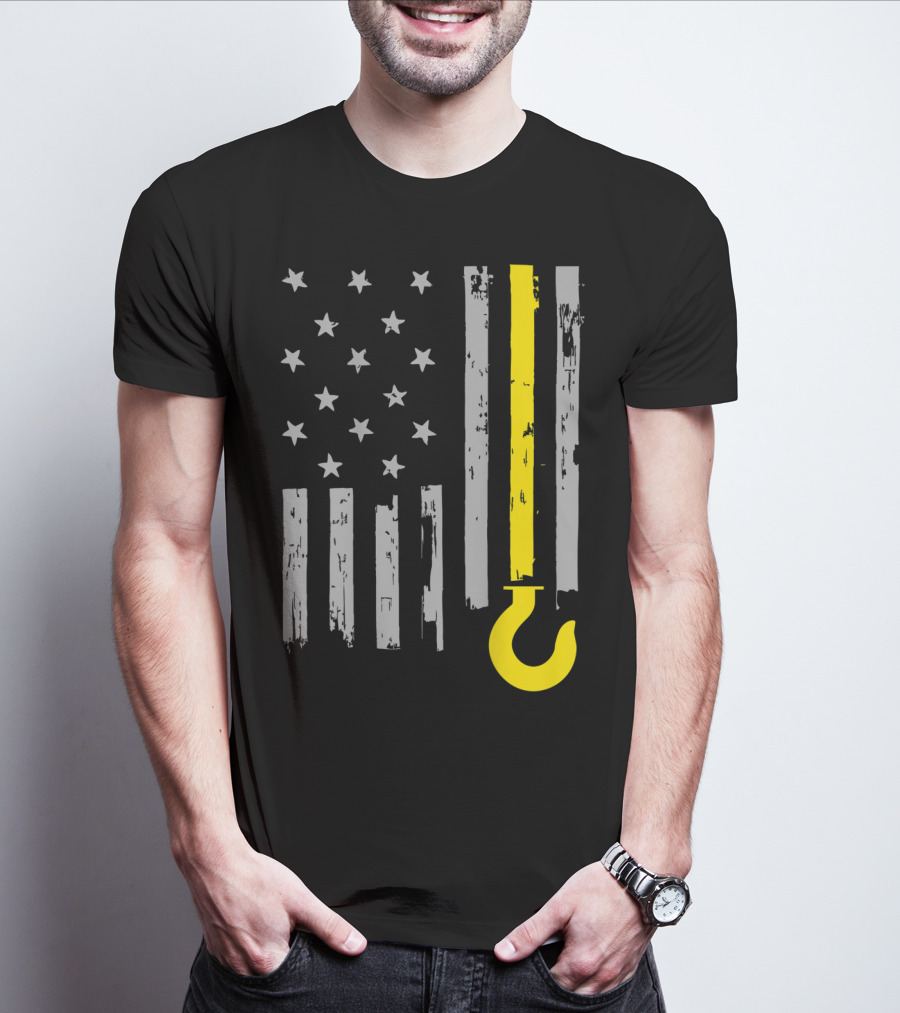 Tow Truck Driver American Flag Yellow Line Hook T-Shirt