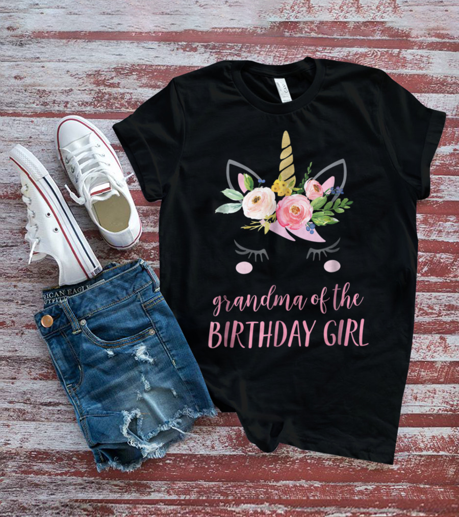 Grandma Of The Birthday Girl Unicorn Floral Horn Ears T-Shirt