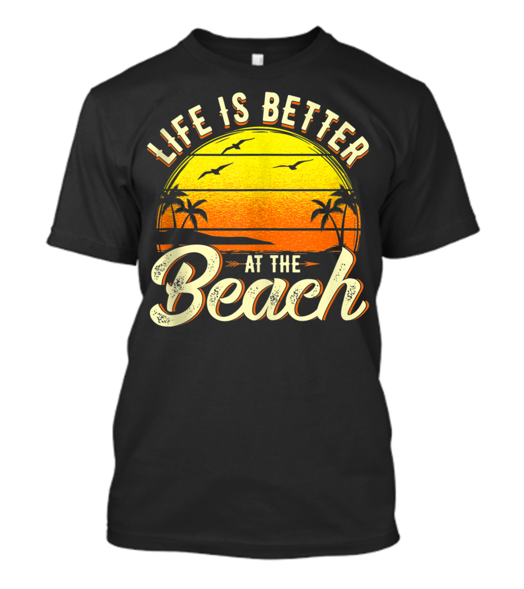 Life Is Better At The Beach Tropical Sunset With Palm Trees And Seagulls T-Shirt