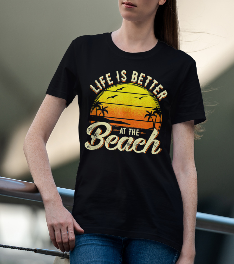 Life Is Better At The Beach Tropical Sunset With Palm Trees And Seagulls T-Shirt