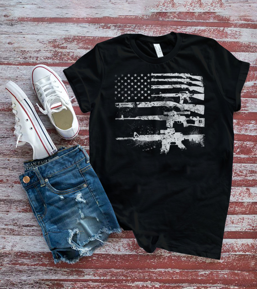 USA Flag Made Of Rifles Guns Weapons Military 2A Stripes T-Shirt