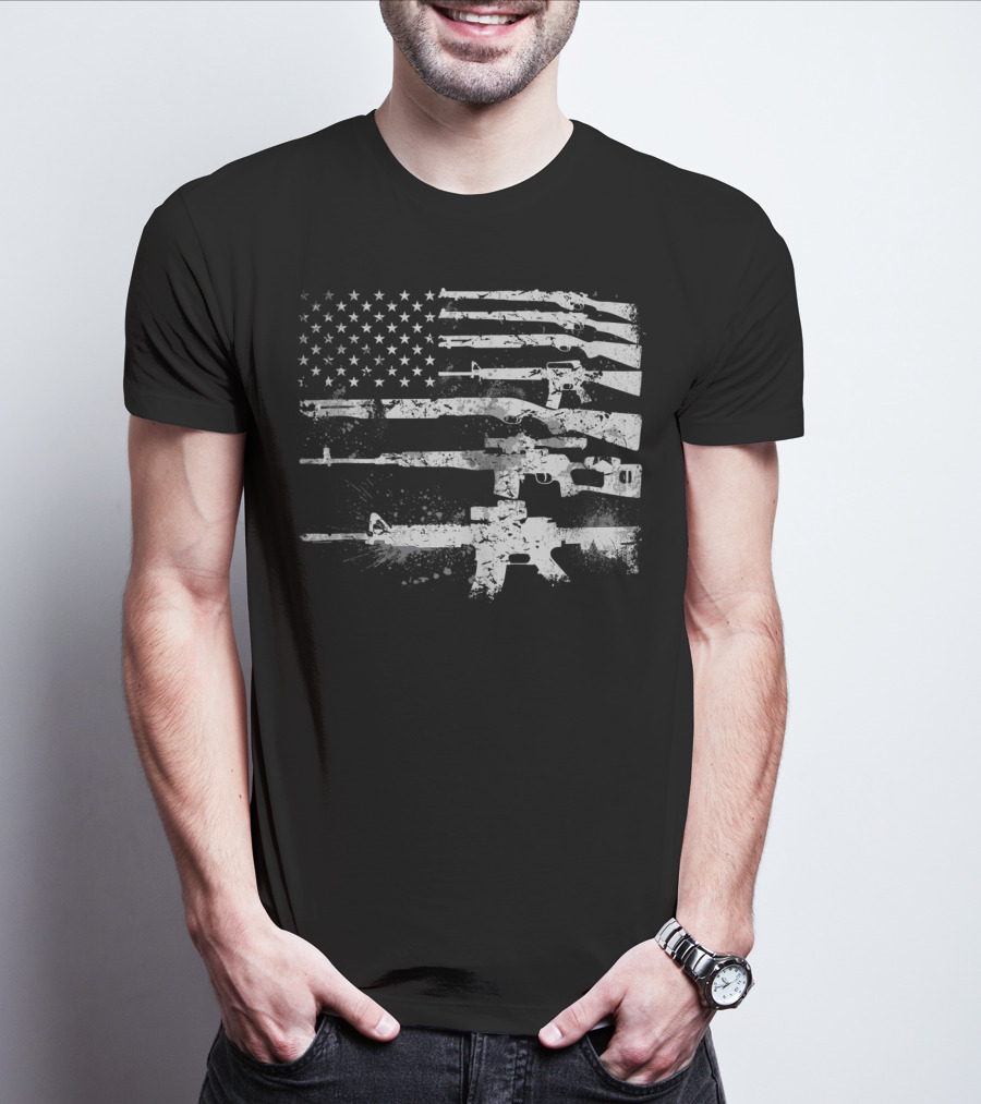 USA Flag Made Of Rifles Guns Weapons Military 2A Stripes T-Shirt