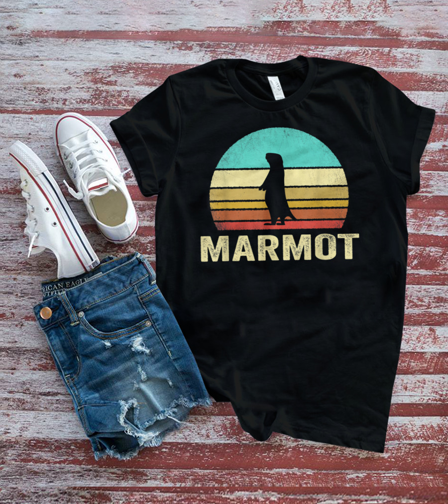 Retro Marmot Silhouette Sunset Stripes T-Shirt