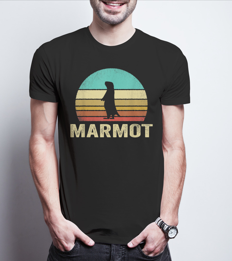 Retro Marmot Silhouette Sunset Stripes T-Shirt