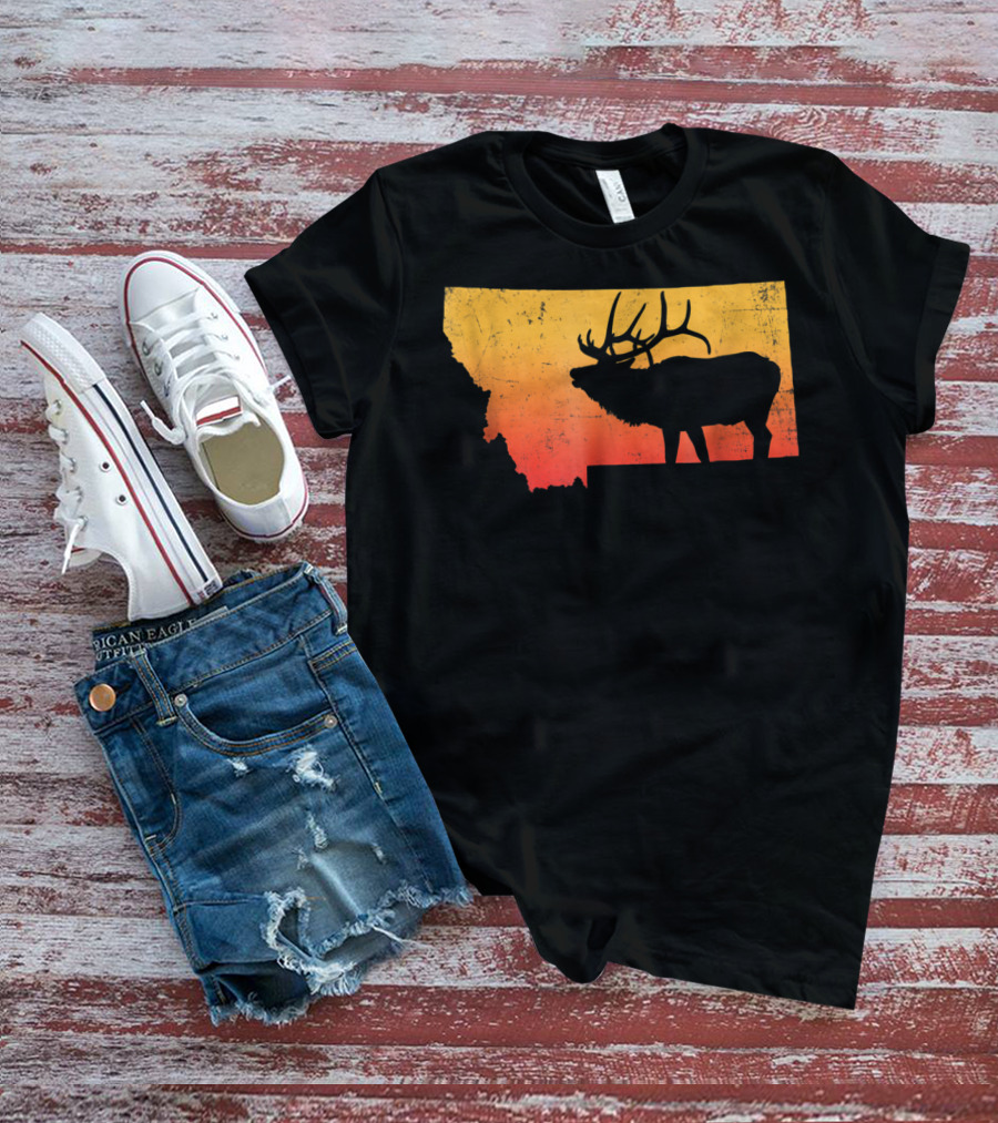 Montana Elk Silhouette Vintage Outdoors Sunset Scene T-Shirt