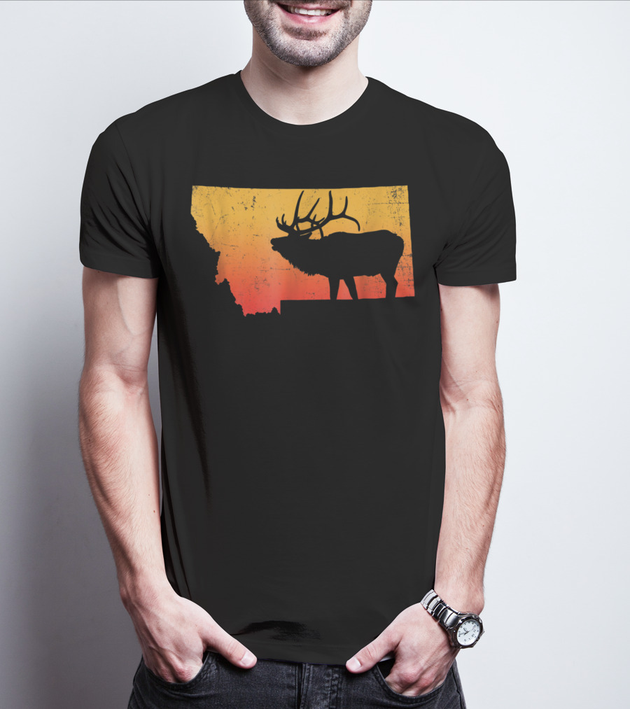Montana Elk Silhouette Vintage Outdoors Sunset Scene T-Shirt