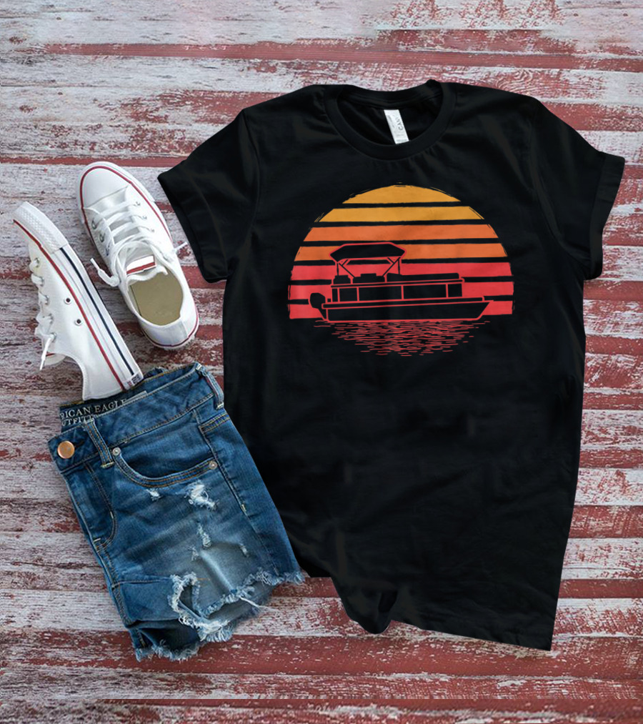 Vintage Pontoon Boat Silhouette Sunset Retro Vibes T-Shirt