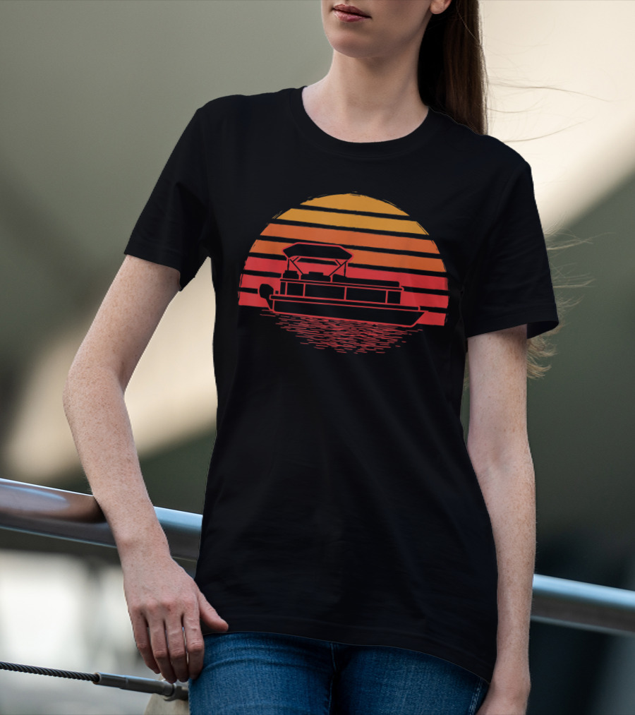 Vintage Pontoon Boat Silhouette Sunset Retro Vibes T-Shirt