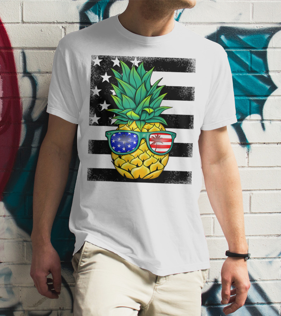 Hawaiian Pineapple With American Flag Sunglasses On Distressed Stars And Stripes Background T-Shirt