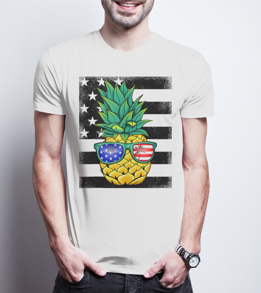 Hawaiian Pineapple With American Flag Sunglasses On Distressed Stars And Stripes Background T-Shirt