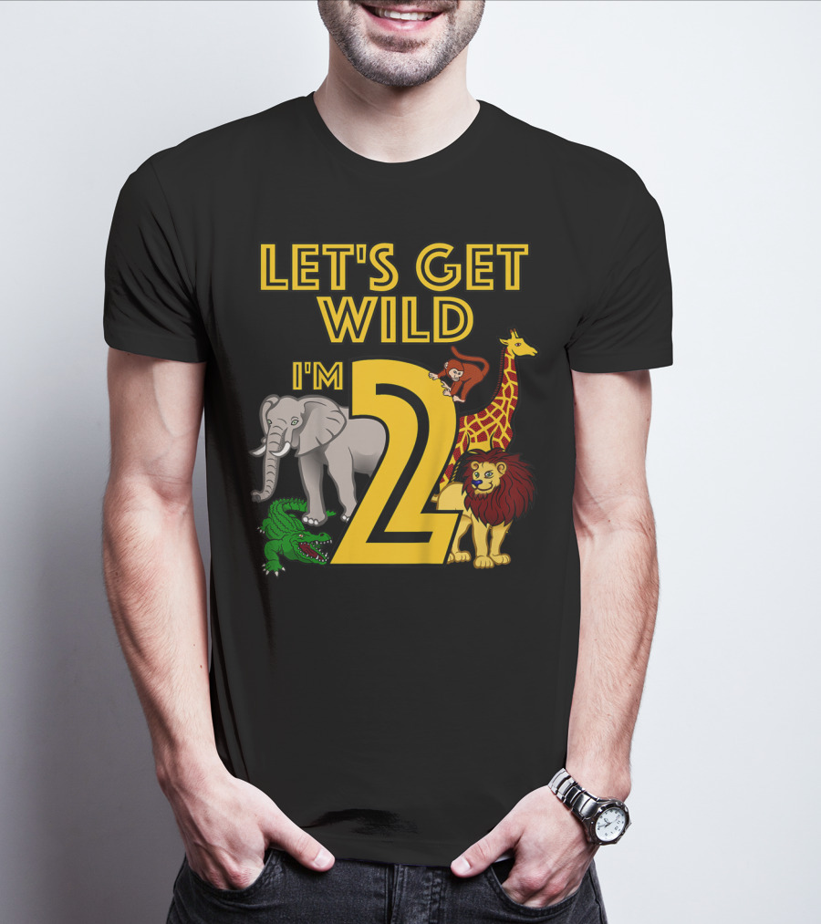 Let's Get Wild I'm 2 Elephant Giraffe Lion Crocodile Birthday Safari Jungle Kids 2 Year Old Zoo T-Shirt