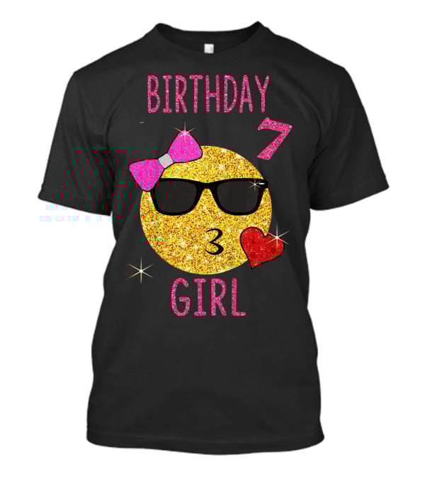 Birthday 7 Girl 7 Years Old Emoji Wearing Sunglasses Bow Heart T-Shirt