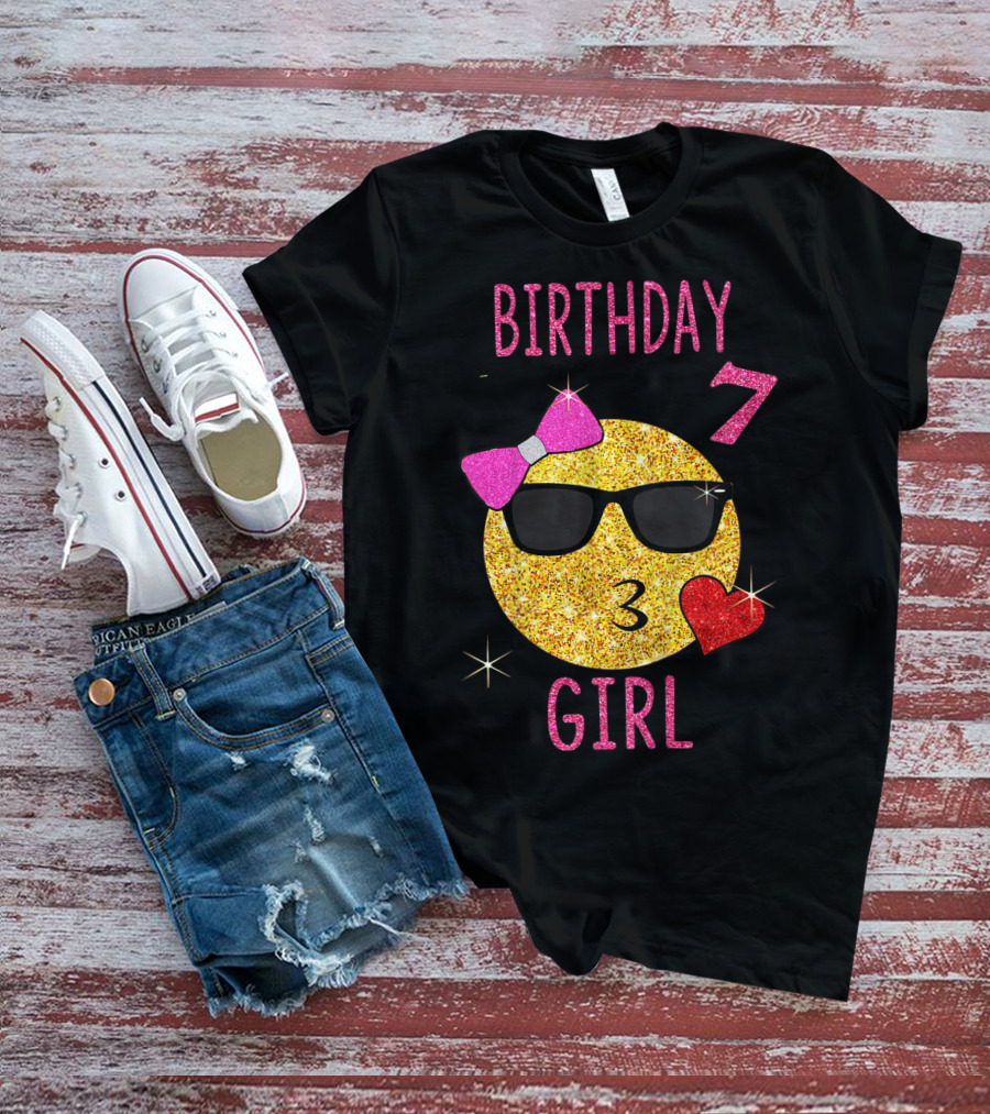 Birthday 7 Girl 7 Years Old Emoji Wearing Sunglasses Bow Heart T-Shirt