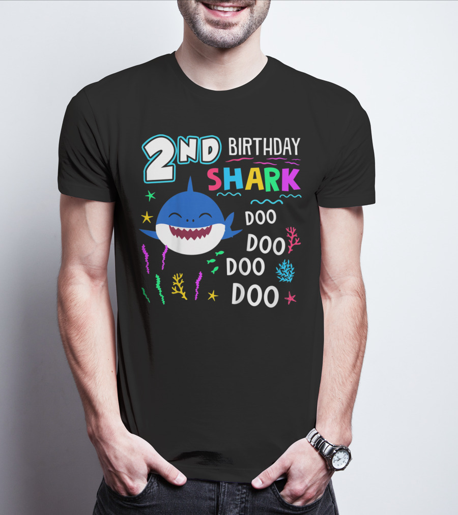 2nd Birthday Shark Doo Doo Doo Kids Happy 2 Years Old T-Shirt
