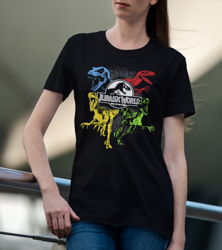 Jurassic World Raptors In Primary Colors Red Blue Yellow Green T-Shirt