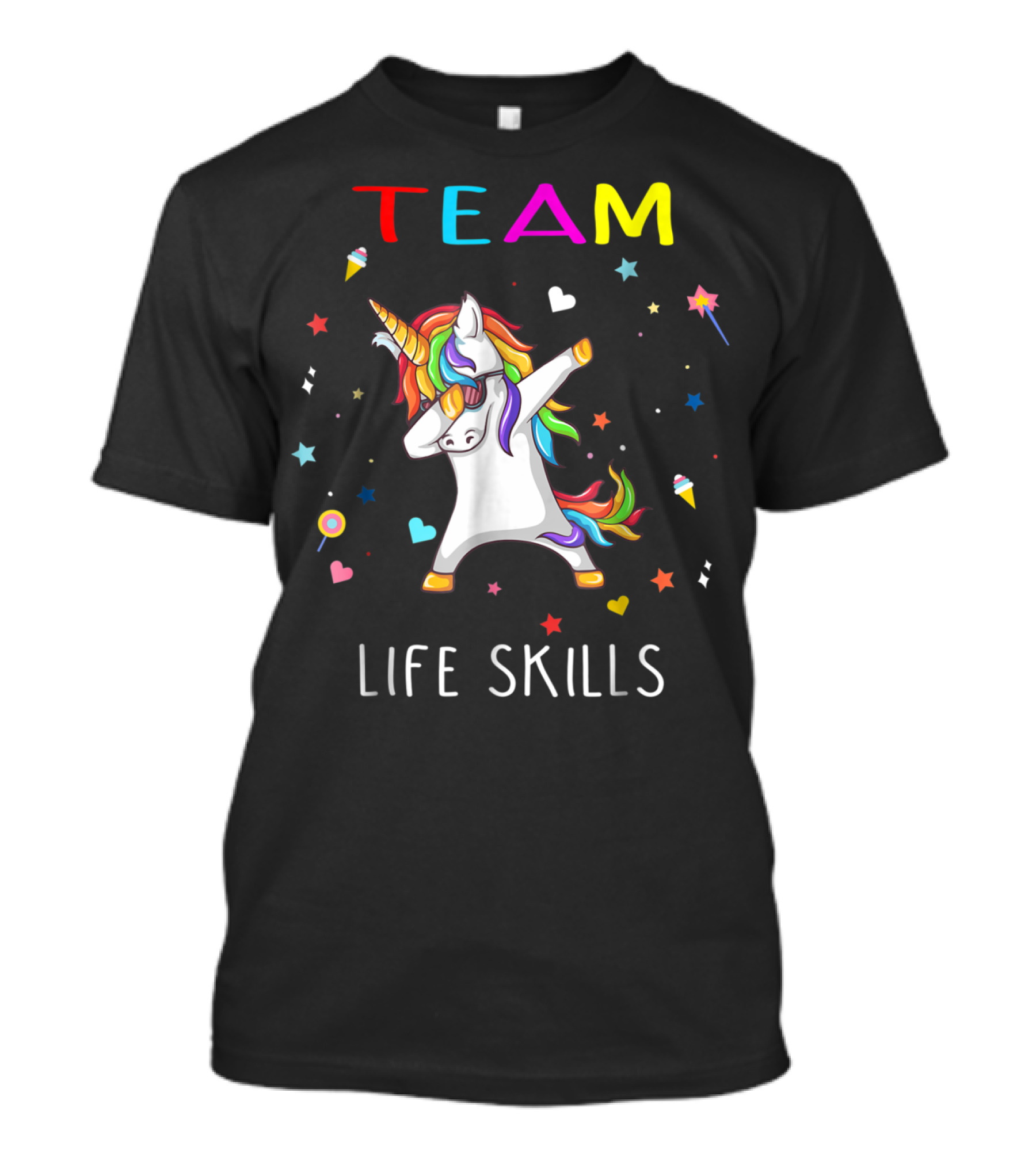 TEAM LIFE SKILLS Unicorn Dabbing Stars And Hearts T-Shirt