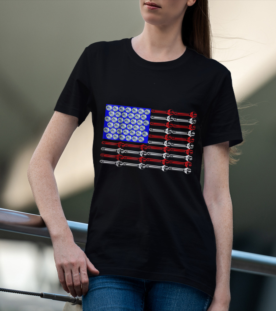 Mechanic Proud American Patriotic USA Flag With Wrenches And Nuts T-Shirt