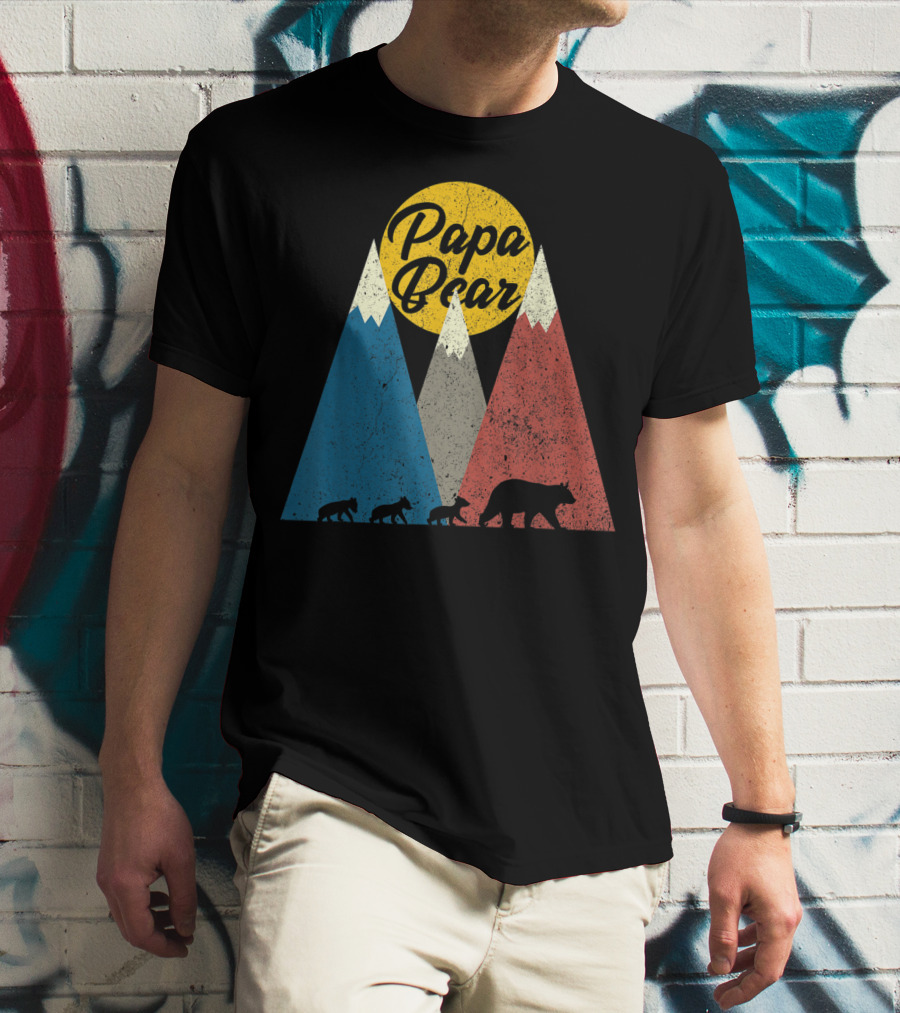 Papa Bear Three Cubs Mountains Retro Triplet Dad T-Shirt