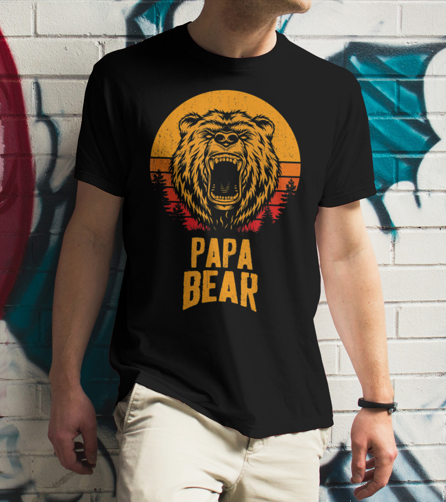 Papa Bear Father's Day Sunset Roaring Bear Forest Scene T-Shirt