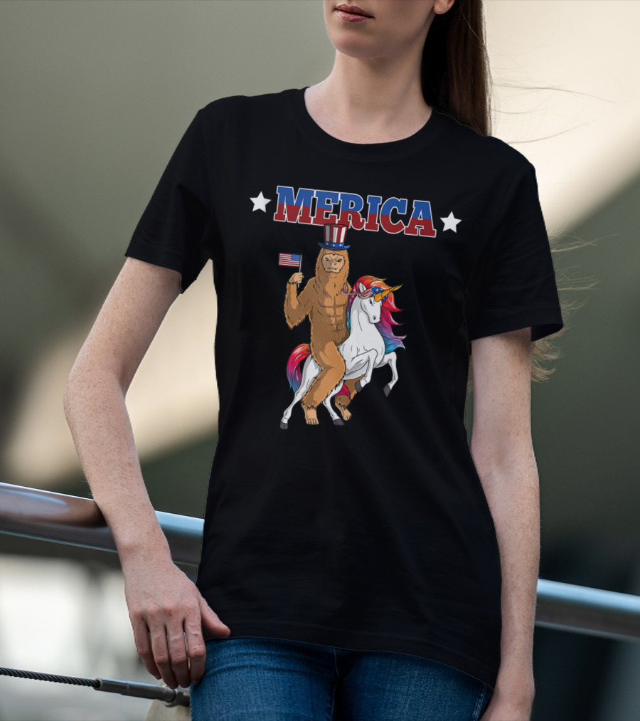 MERICA Bigfoot Riding A Patriotic Unicorn With American Flag T-Shirt