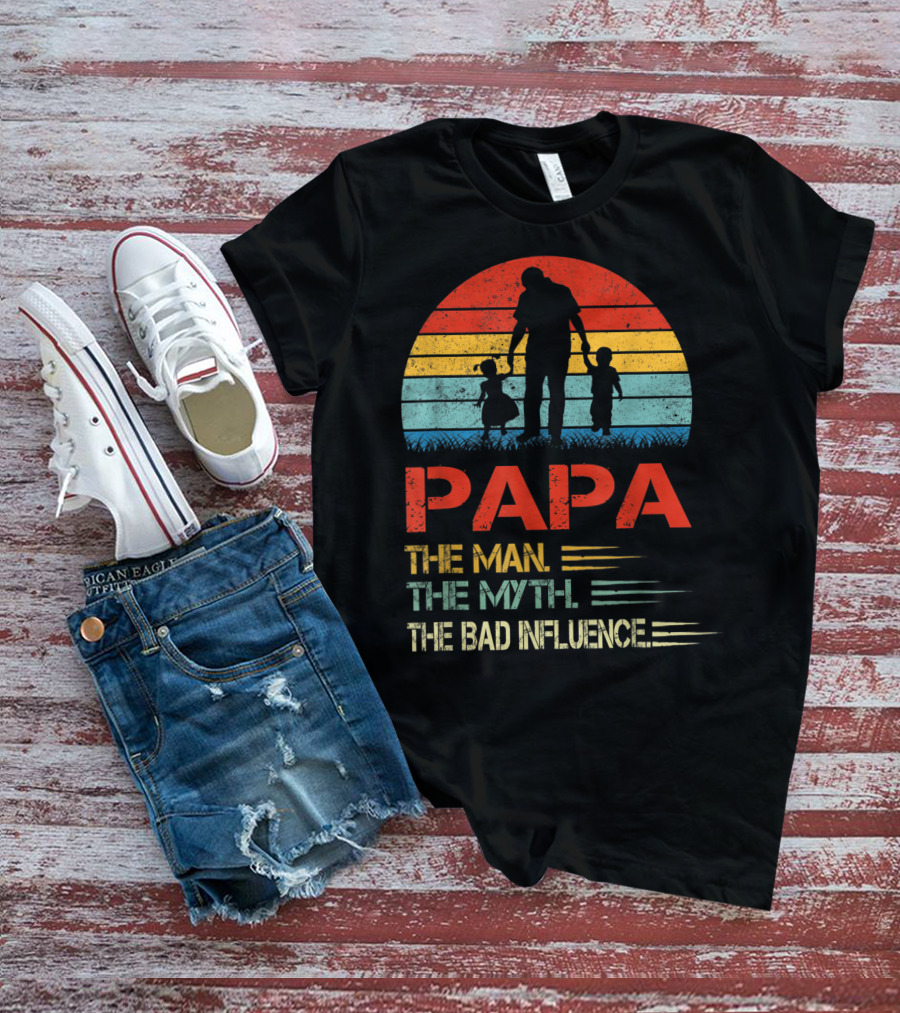 Papa The Man The Myth The Bad Influence Retro Sunset T-Shirt