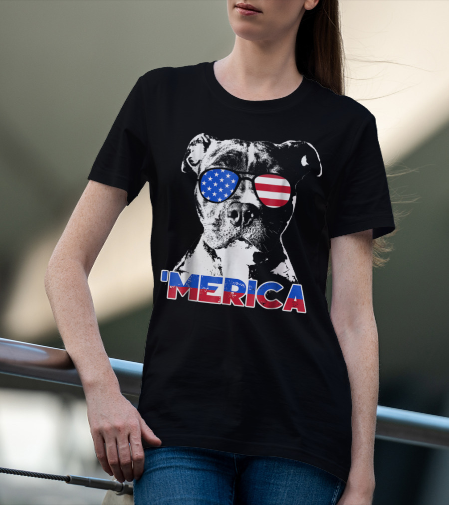 Patriot Pitbull 'Merica With American Flag Sunglasses T-Shirt