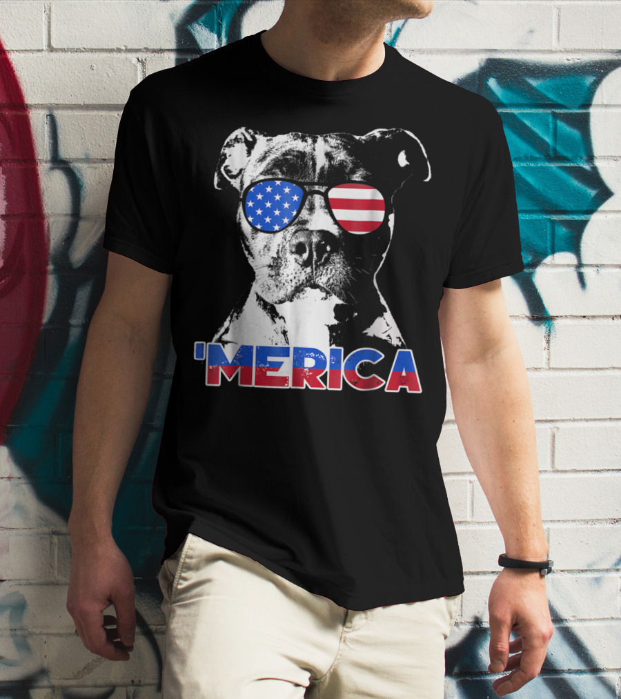 Patriot Pitbull 'Merica With American Flag Sunglasses T-Shirt