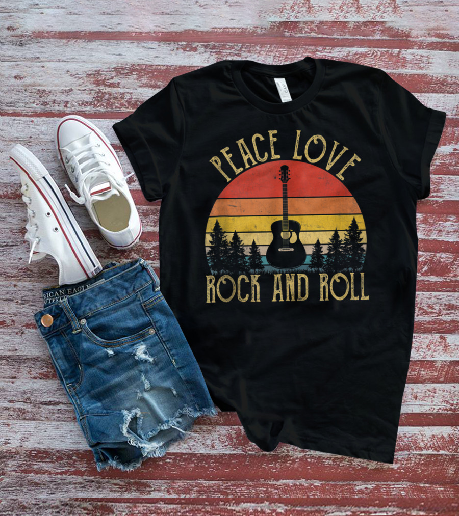 Peace Love Rock And Roll Retro Guitar Sunset Forest Vintage T-Shirt