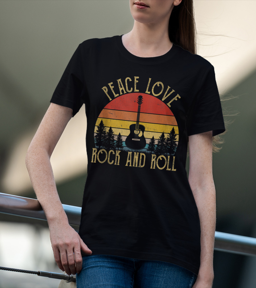 Peace Love Rock And Roll Retro Guitar Sunset Forest Vintage T-Shirt