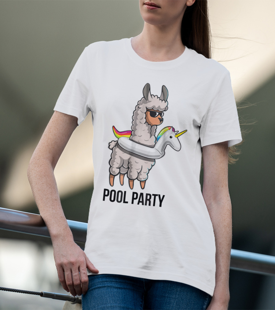 Pool Party Llama With Unicorn Float Funny Llama T-Shirt
