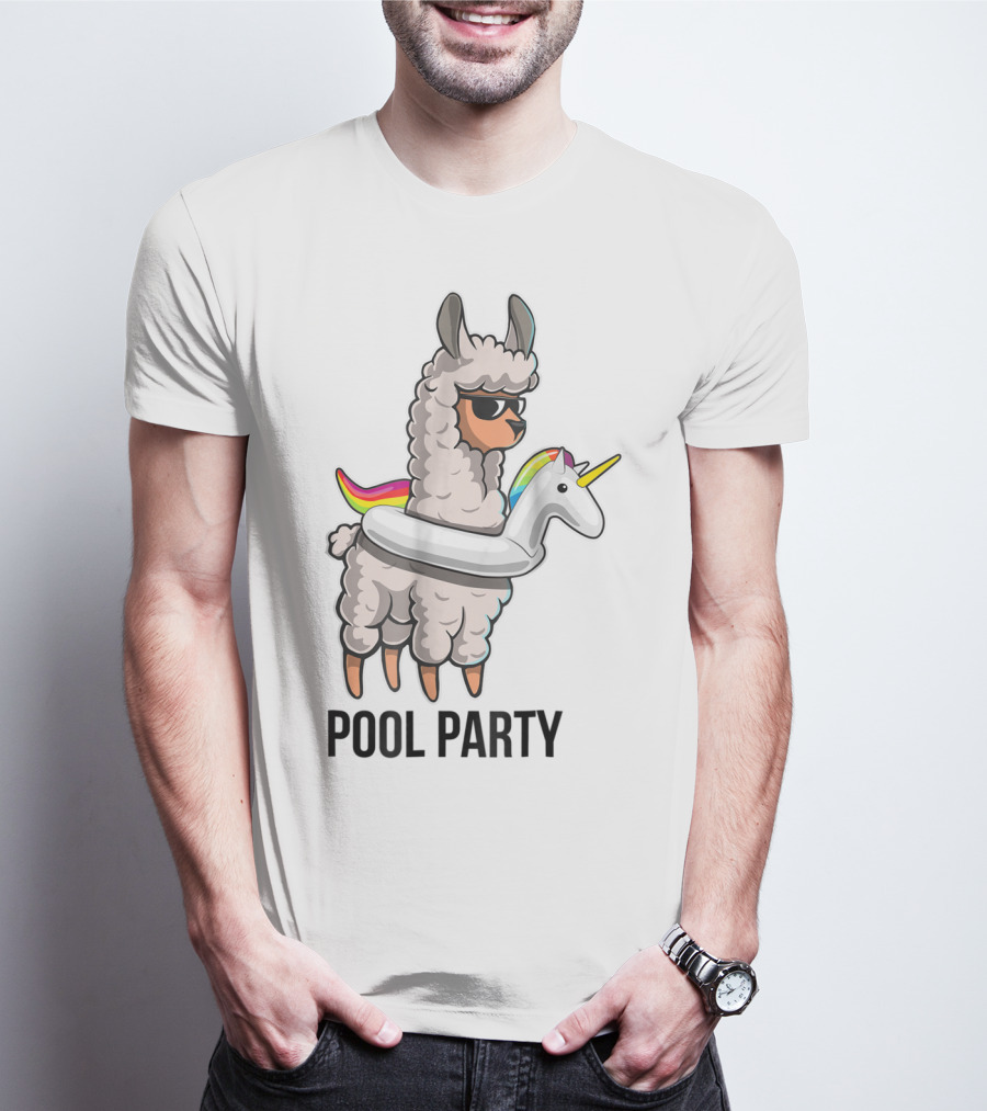 Pool Party Llama With Unicorn Float Funny Llama T-Shirt