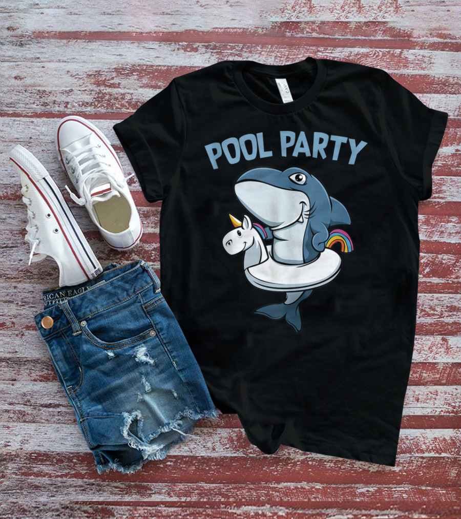 Pool Party Shark With Unicorn Float Rainbow Funny Summer Beach T-Shirt