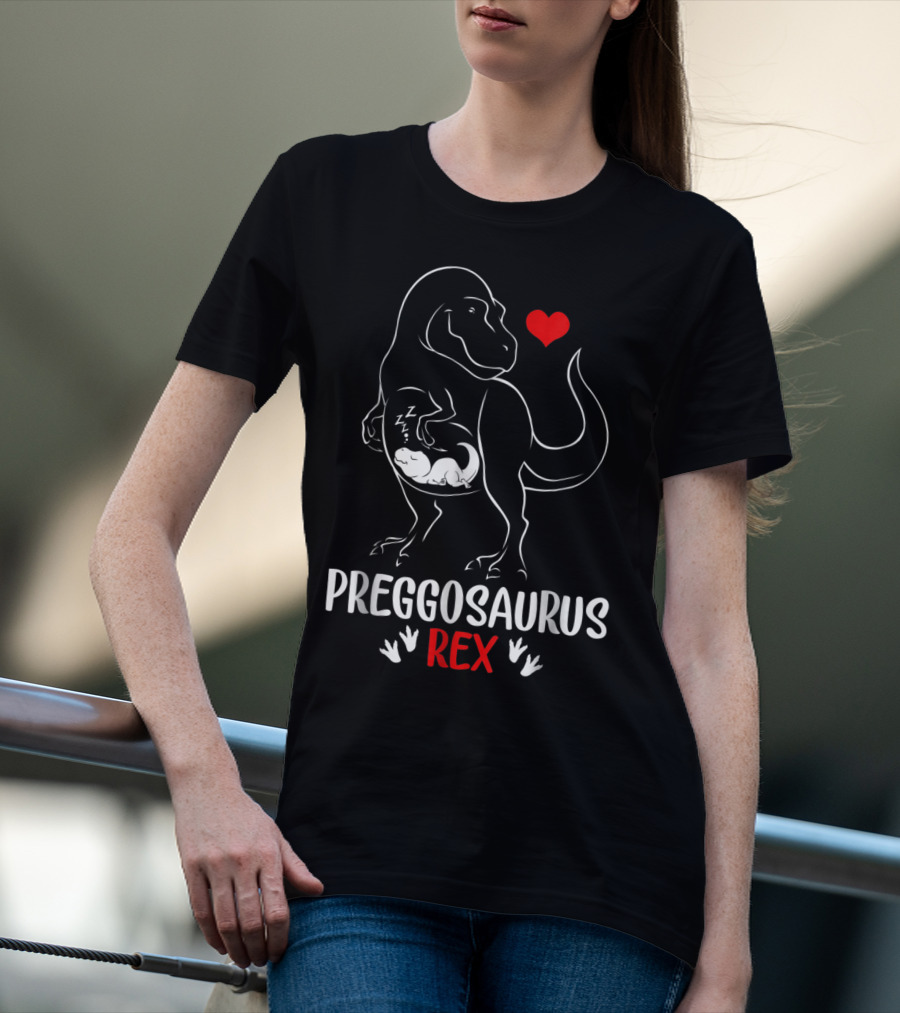 Pregosaurus Rex Heart Pregnant Mom Dinosaur With Baby T-Shirt