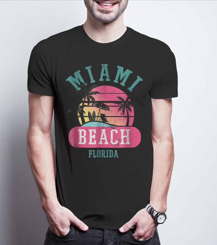 Miami Beach Florida Retro Cool Sun And Palm Trees T-Shirt