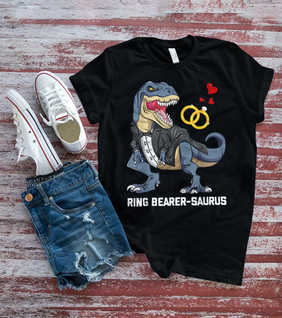 Rex Dinosaur Ring Bearer Saurus In Tuxedo With Wedding Rings And Hearts T-Shirt