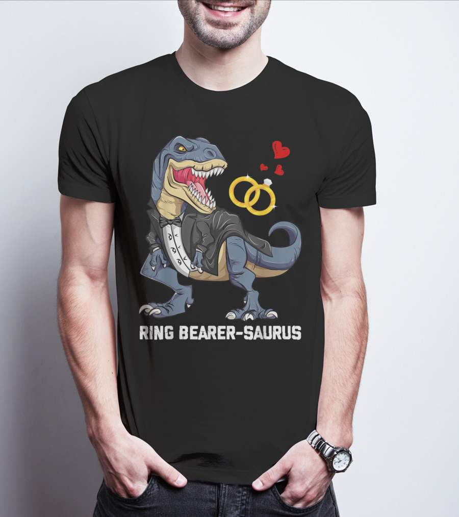 Rex Dinosaur Ring Bearer Saurus In Tuxedo With Wedding Rings And Hearts T-Shirt