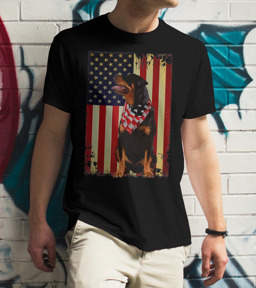 Rottweiler Smile American Flag Patriotic Independence T-Shirt