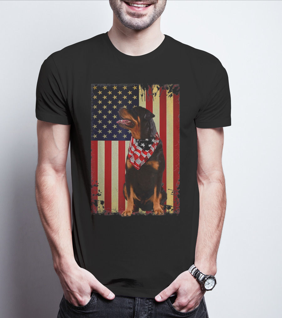 Rottweiler Smile American Flag Patriotic Independence T-Shirt