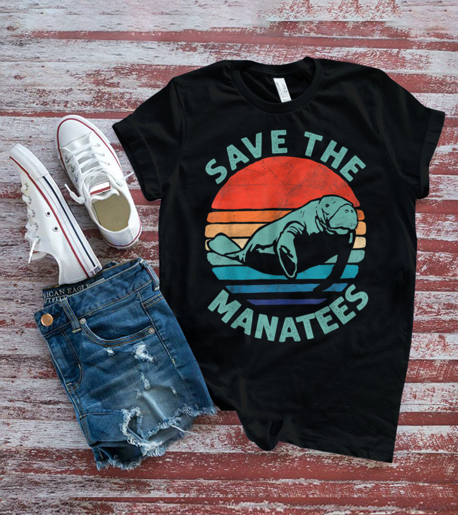 Save The Manatees Retro Stripes Sunset T-Shirt